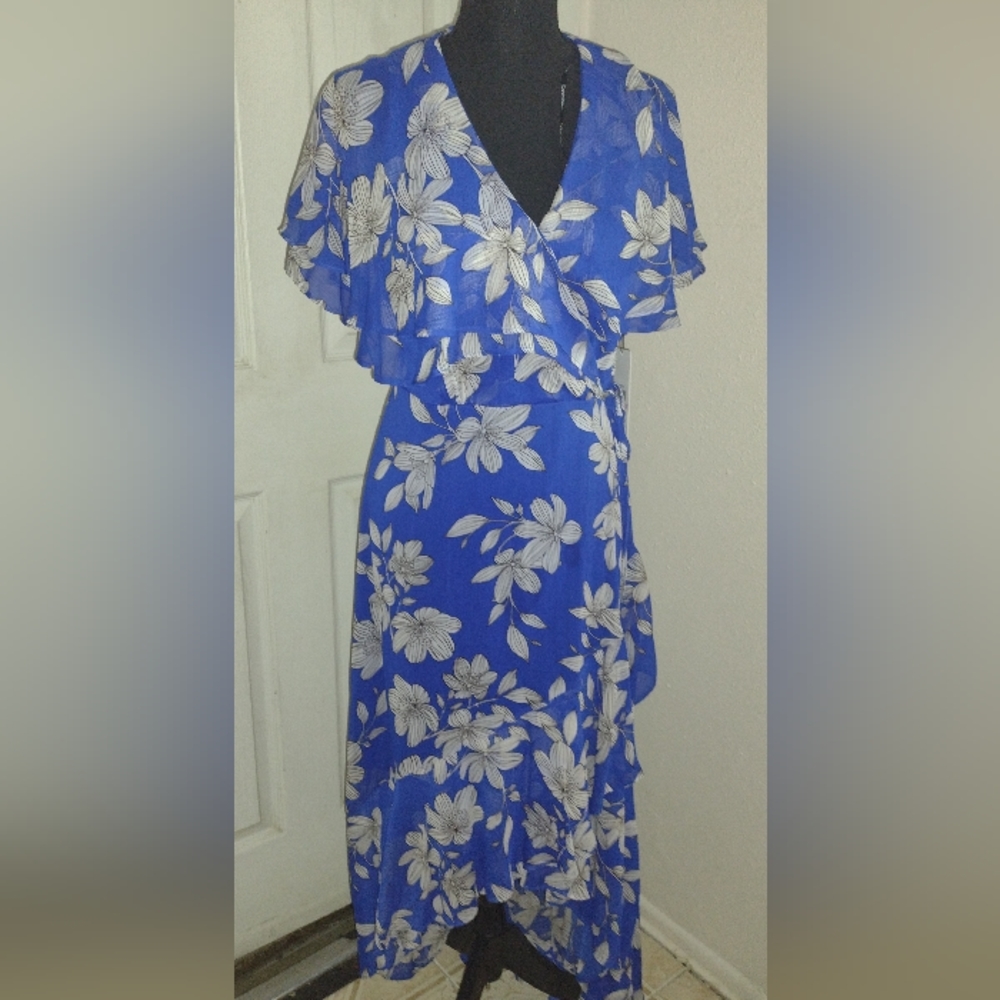 NWT Calvin Klein sz6 blue/white flower dress w tie on side zipper.